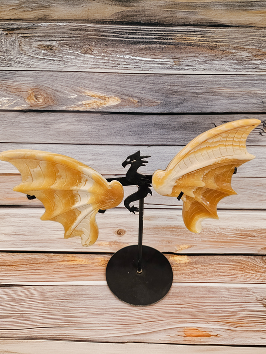 XL Honey Calcite Dragon wings on stand